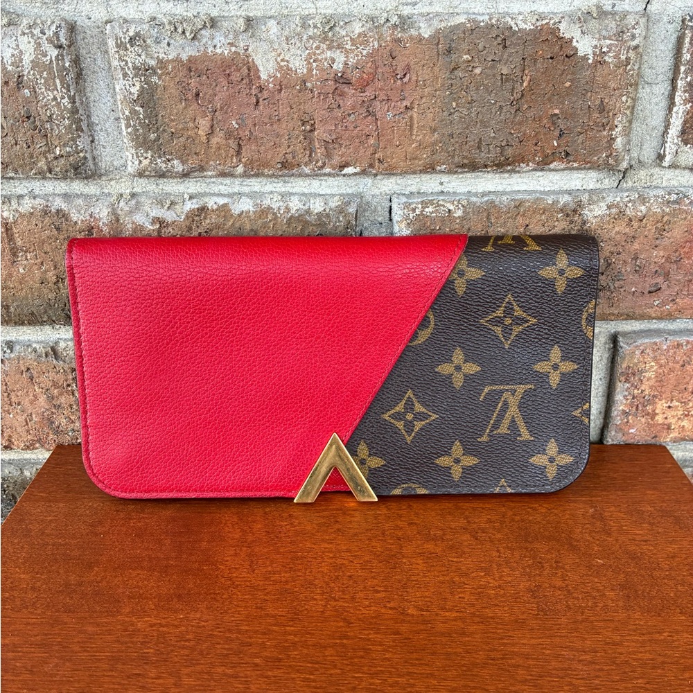 ❤️ Louis Vuitton Kimono Cherise Red Calf Leather and Brown Monogram Wallet EUC